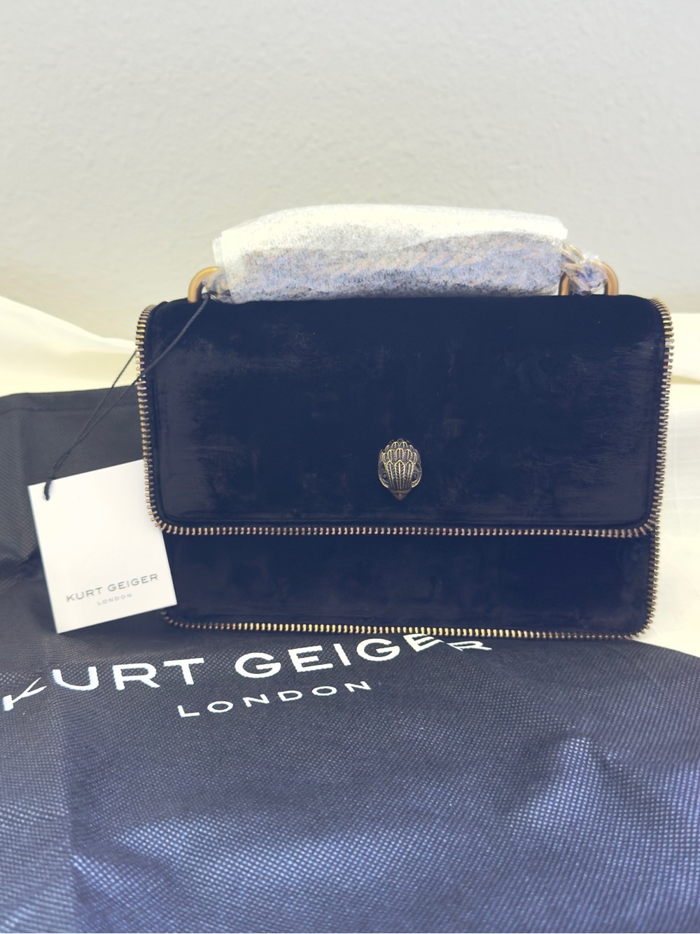 NWT💼Kurt Geiger London Black Velvet Shoreditch Eagle Small Crossbody Bag
